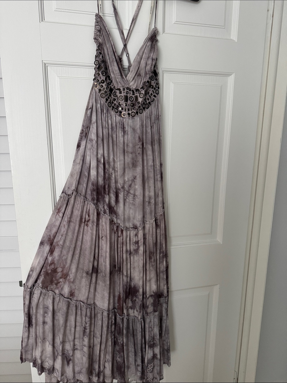 Embellished Taupe Tie-Dye Maxi Dress with Crisscross Straps